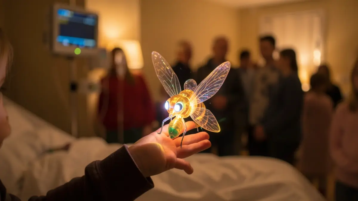 Imagen genérica de un juguete de luciérnaga mágica en las manos de un niño en una habitación de hospital.