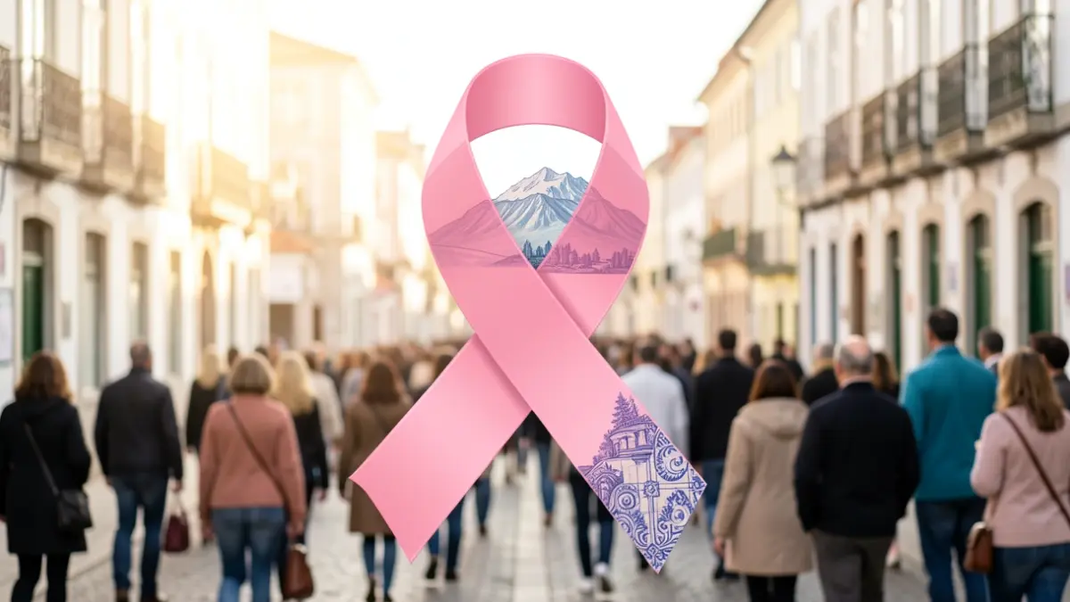 Pink ribbon intertwined with Portuguese azulejo tile patterns, symbolizing breast cancer awareness.