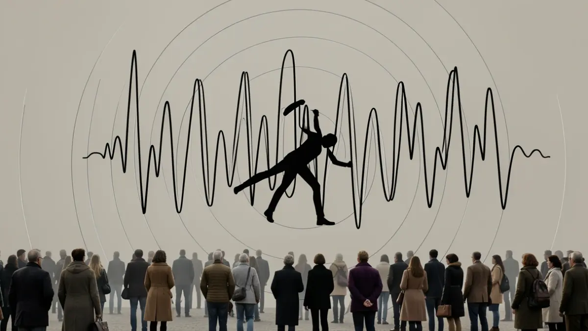 Generic image of seismic waves and a silhouette practicing protective actions during an earthquake.