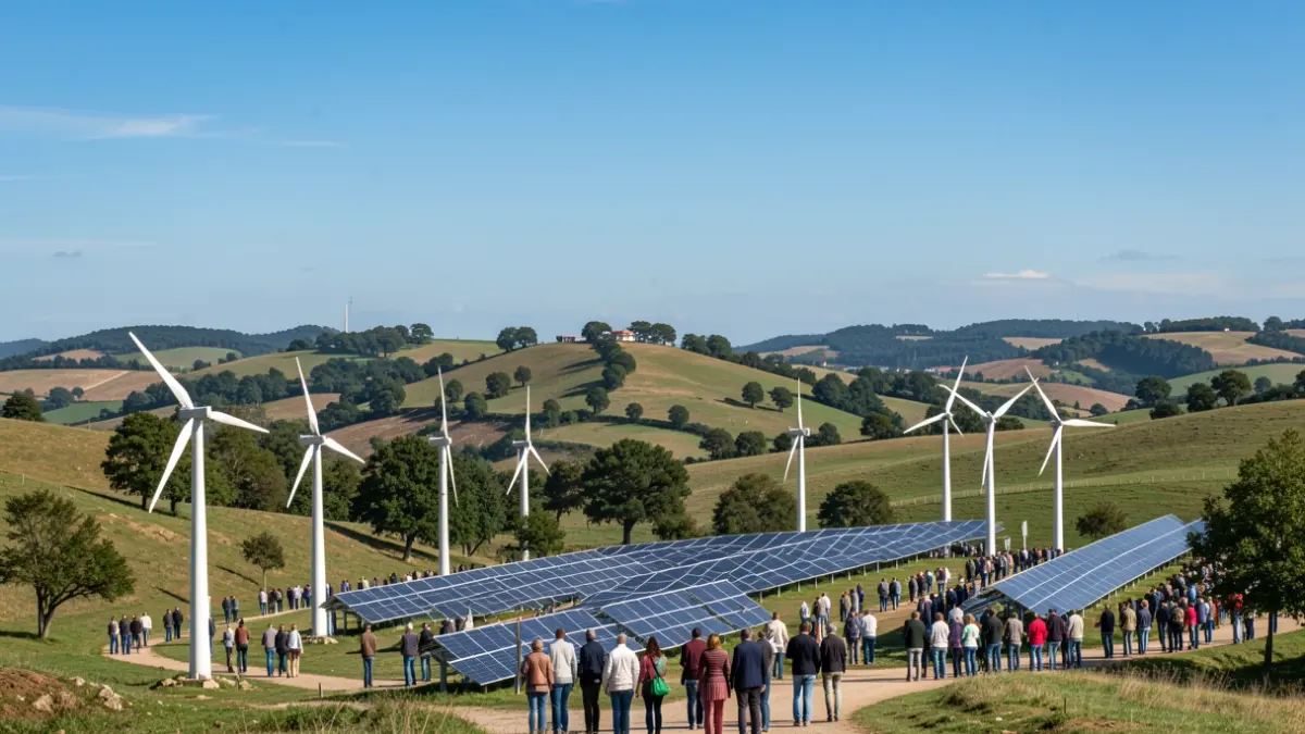 Imagem genérica de uma paisagem portuguesa com turbinas eólicas e painéis solares, simbolizando energia renovável.