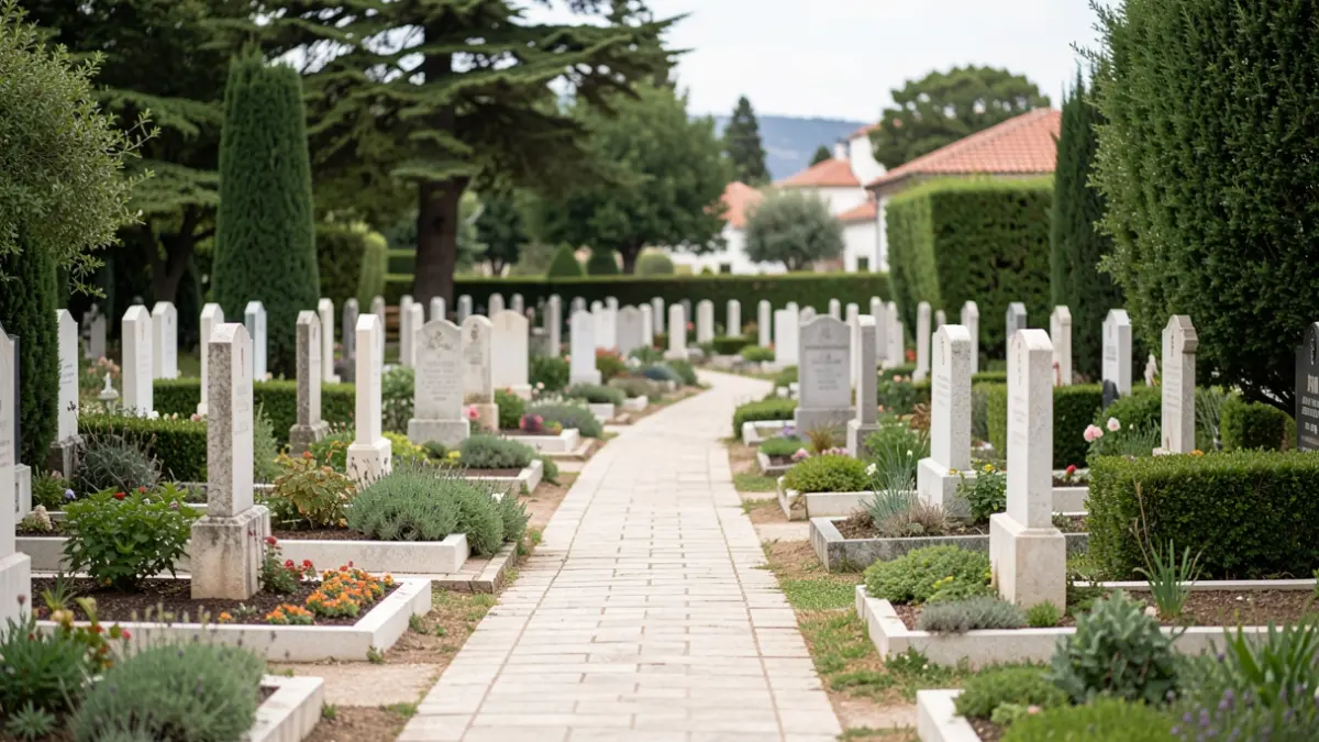 Imagem genérica de um cemitério bem cuidado em Portugal, com caminhos pavimentados e paisagismo.