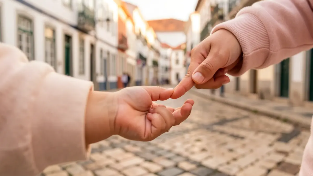 Imagem genérica de mãos de bebé a segurar um dedo de um progenitor, com um fundo desfocado de arquitetura tradicional portuguesa.