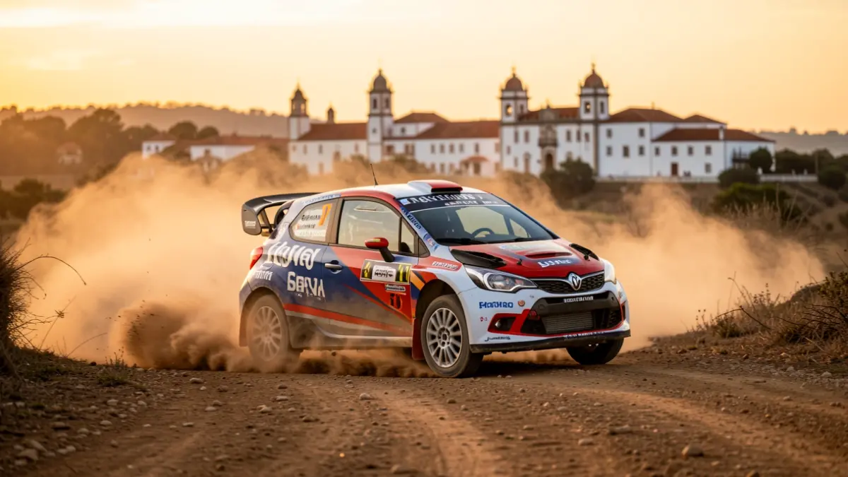 Imagem genérica de um carro de rally a competir numa pista de terra em Portugal, com arquitetura tradicional ao fundo.