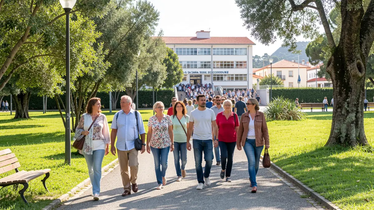 Imagem de um grupo a caminhar num parque em Rio de Mouro, com a escola ao fundo.