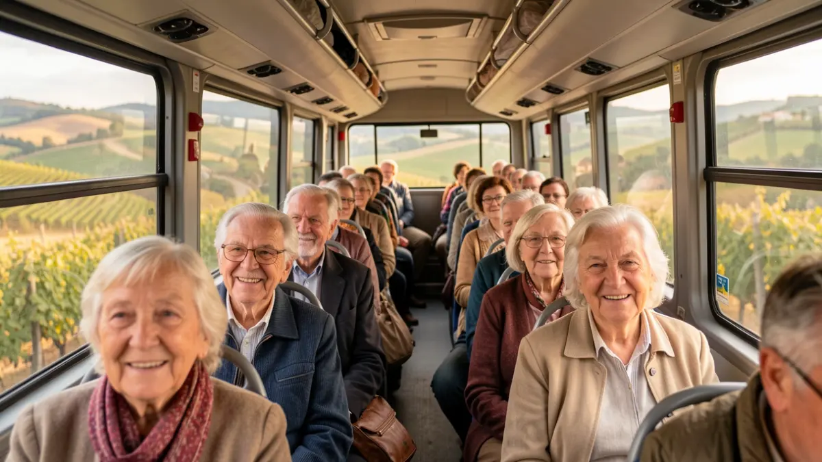 Generic image of elderly people enjoying a bus trip through the Portuguese landscape, with soft daylight.