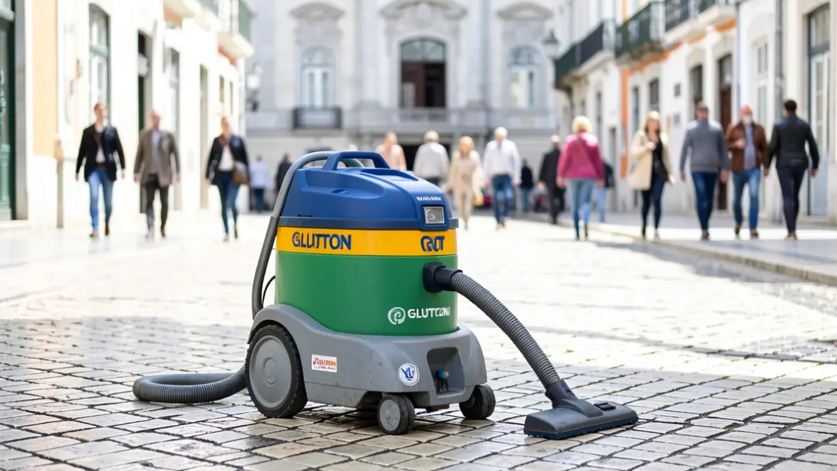 Imagem genérica de um aspirador de resíduos urbano em Portugal, com pavimento tradicional.