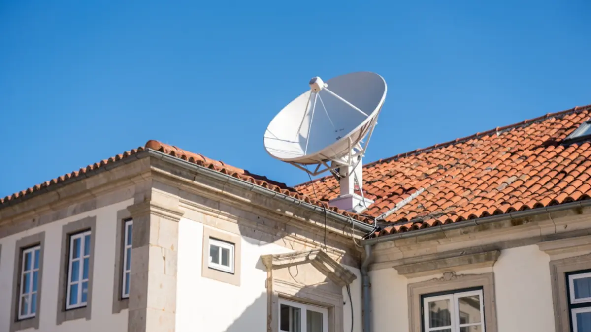 Imagem genérica de uma antena parabólica instalada no telhado de um edifício municipal português, com céu azul e luz solar.