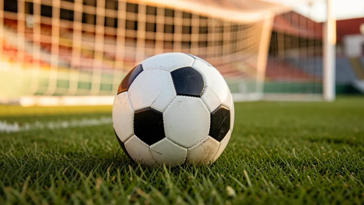 Generic image of a soccer ball on a grass field with a blurred goal net.