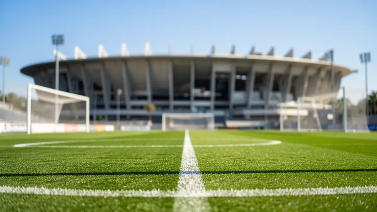 Imagen genérica de un campo de fútbol con las porterías y líneas blancas, con la arquitectura del Estadio da Luz difuminada al fondo.