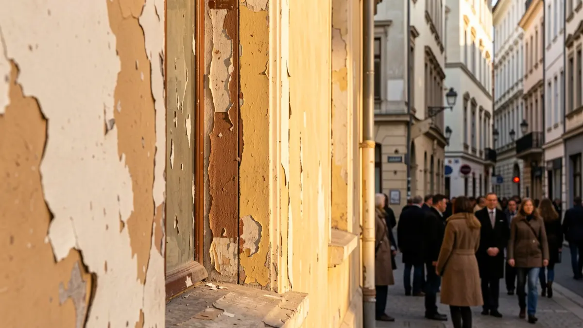 Generic image of a degraded building facade, with details of wear and peeling paint, under late afternoon light.