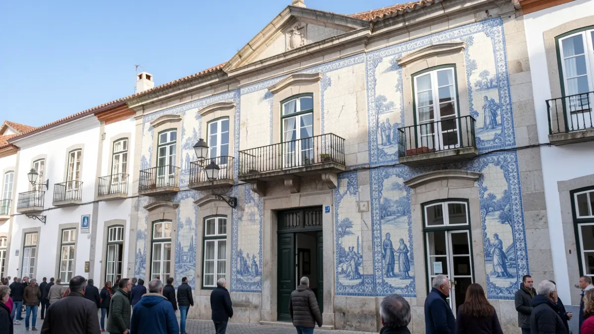 Imagem genérica de uma fachada de autarquia portuguesa com azulejos tradicionais e varanda, sob um céu azul claro, luz natural suave.