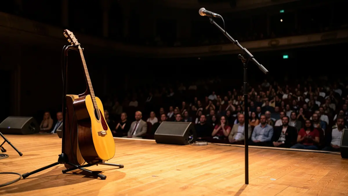 Imagen genérica de un escenario de concierto vacío con instrumentos musicales e iluminación de escenario.