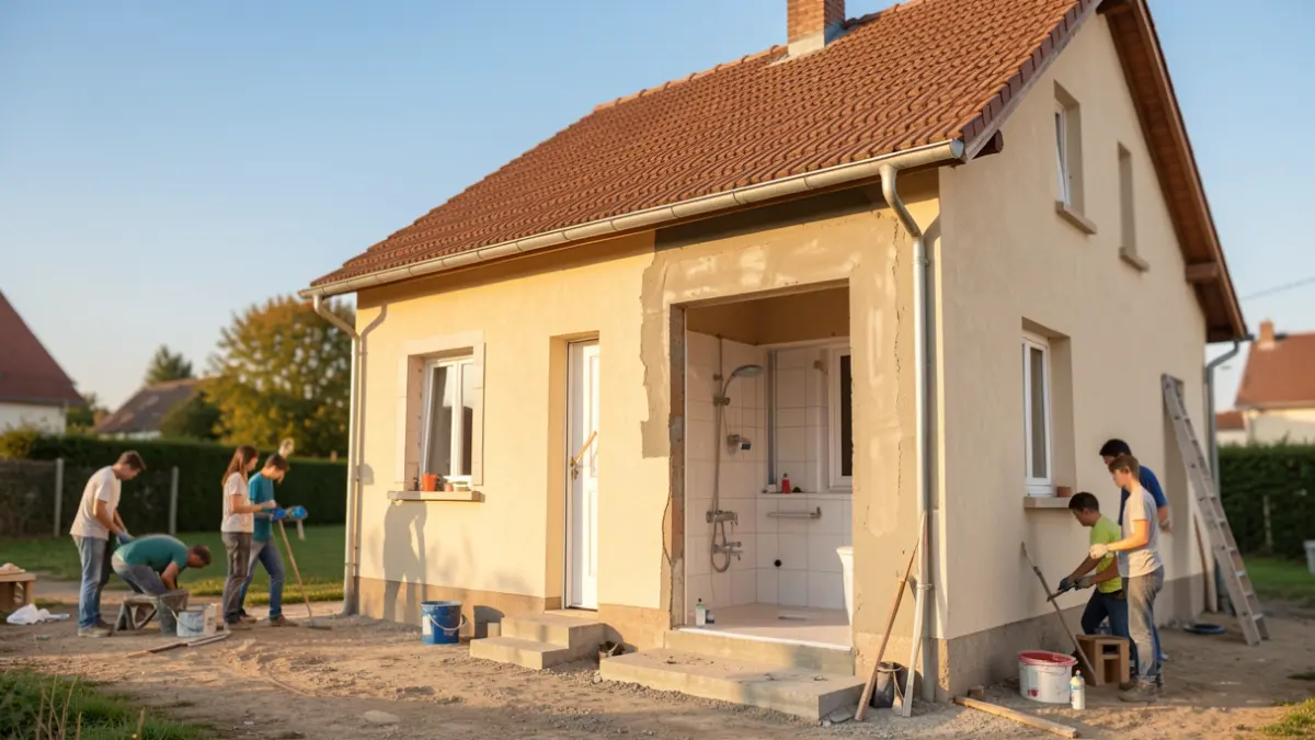 Generic image of a house under renovation with volunteers working.