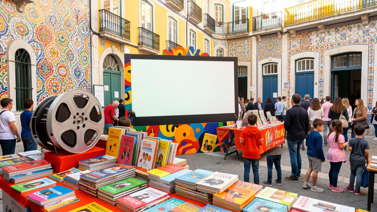 Imagem genérica de um festival de cinema e literatura infantil e juvenil em Portugal, com elementos de cinema e livros.