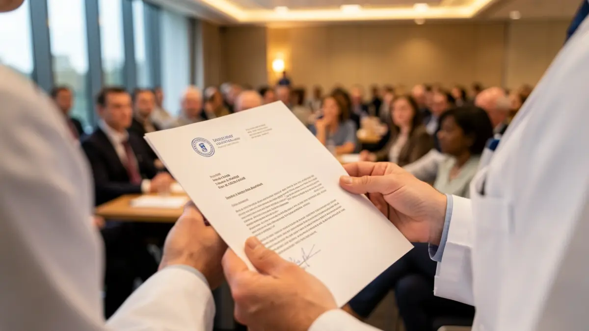 Imagem genérica de mãos de profissional de saúde a segurar um documento com papel timbrado de uma sociedade internacional, com fundo desfocado de sala de conferências.