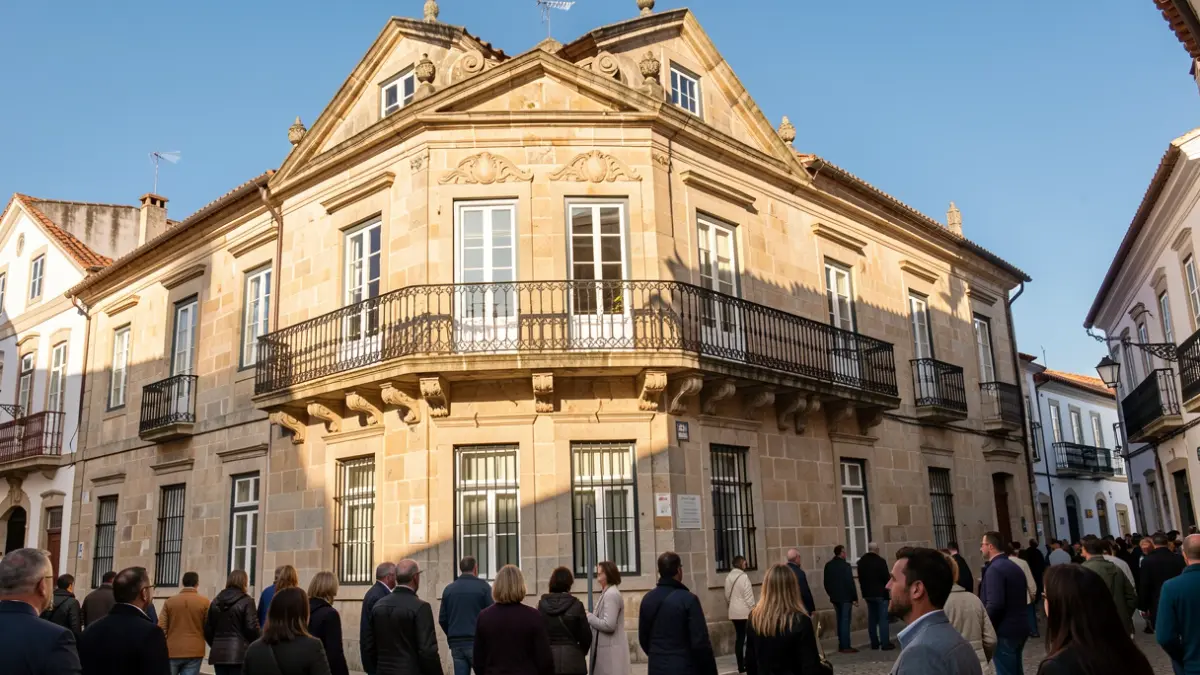 Imagem genérica de uma fachada de edifício institucional com varanda e luz solar.