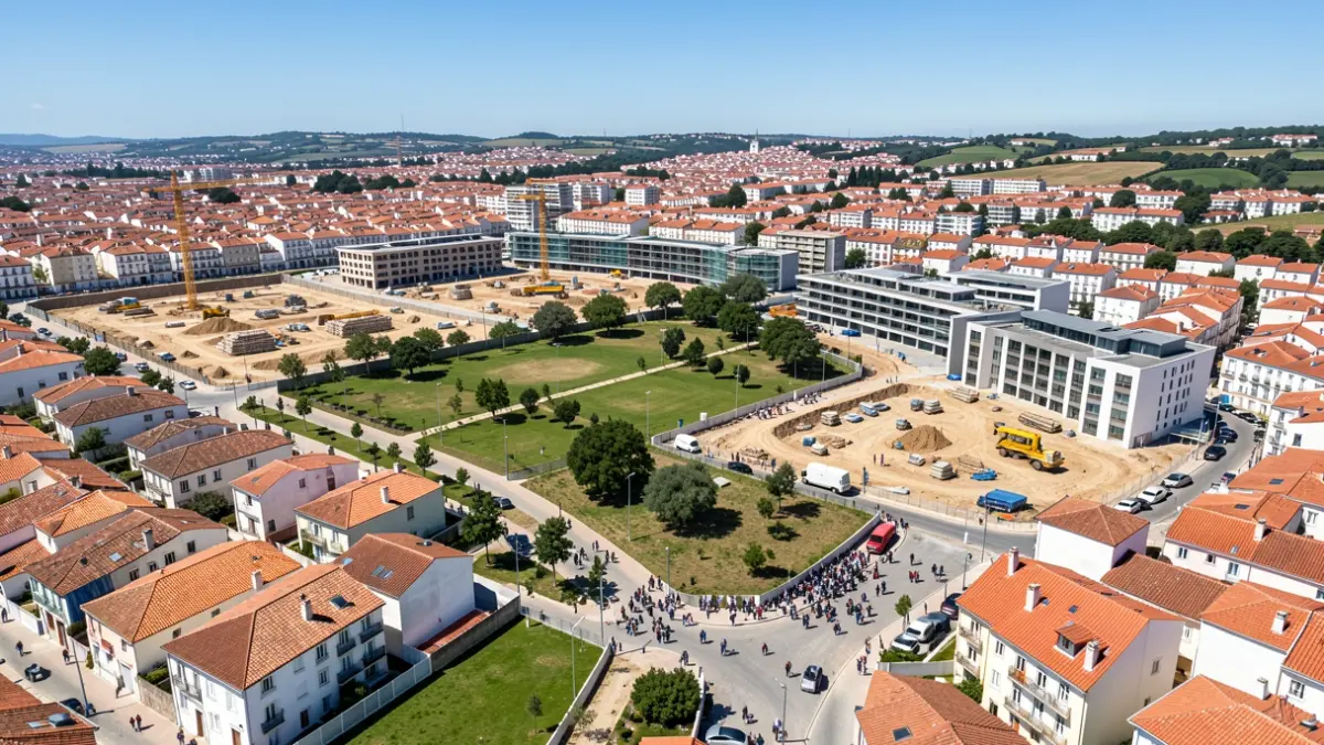 Imagem genérica de uma área urbana em desenvolvimento em Portugal, com novas construções e espaços verdes.