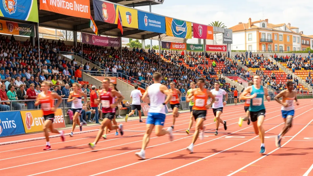 Generic image of a running track in Portugal with athletes in motion and colorful banners in the background.