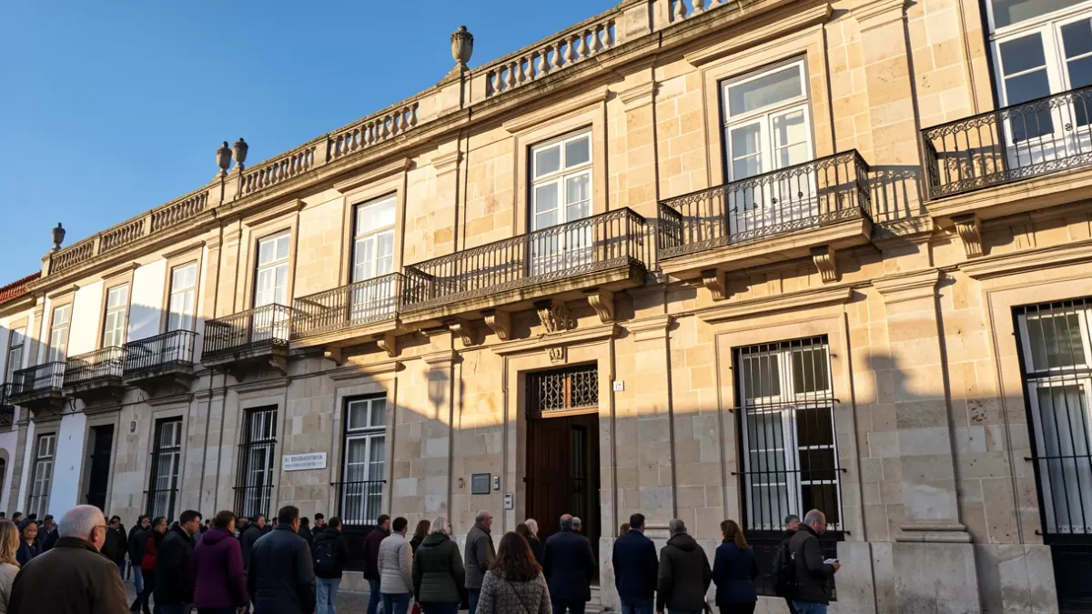 Fachada de un ayuntamiento portugués con balcones ornamentados y barandillas de hierro, cálida luz solar de la tarde proyectando sombras en las paredes de arenito, cielo azul.