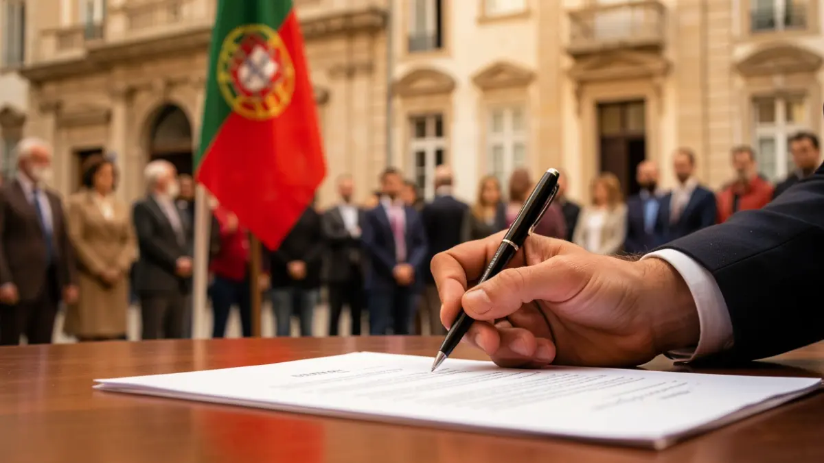 Imagen genérica de una mano firmando un documento oficial con un edificio municipal al fondo.