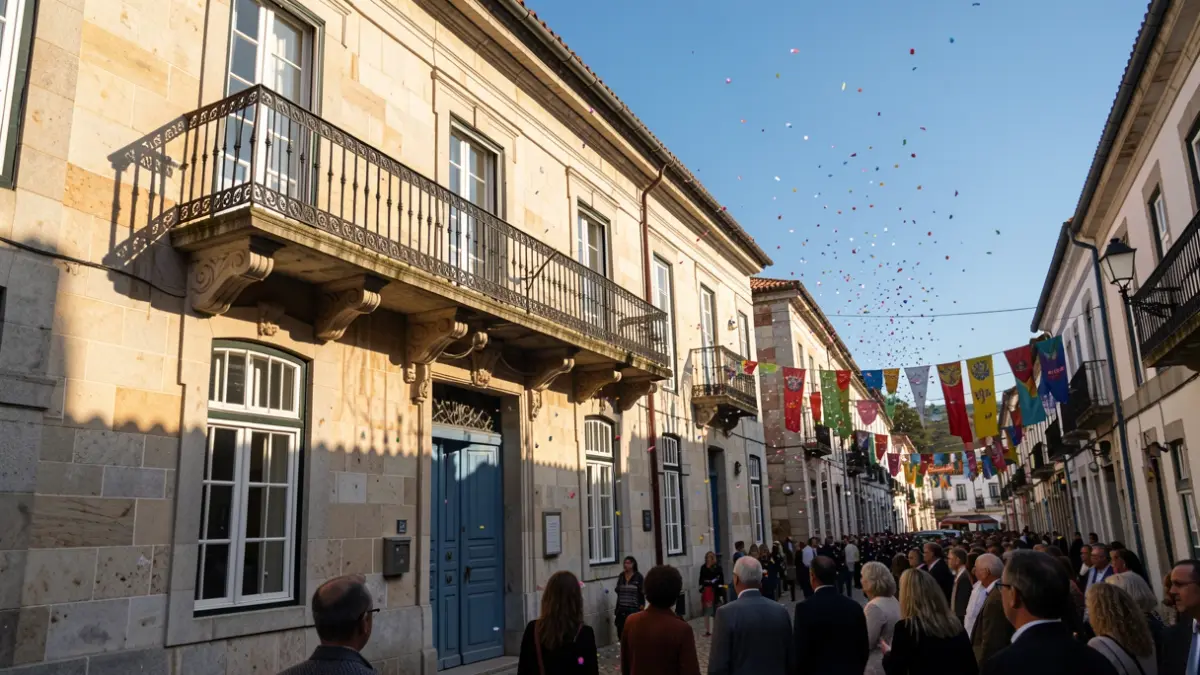 Generic image of a Portuguese town hall facade with an ornate balcony and late afternoon sunlight.