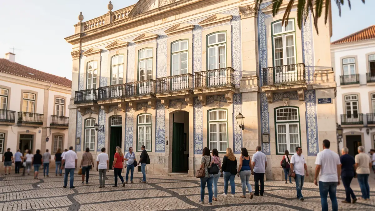 Fachada de um edifício municipal em Lagos, com azulejos e varandas tradicionais sob luz solar.