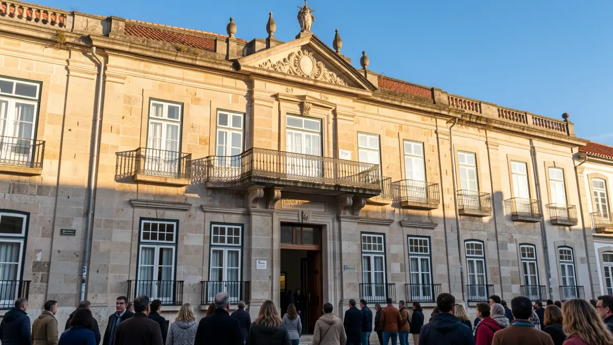 Fachada de um edifício municipal em Lagos, Portugal, com detalhes arquitetónicos tradicionais e luz solar de fim de tarde.