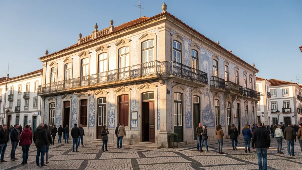 Generic image of a historic Portuguese town hall building with an ornate balcony, under afternoon sunlight.
