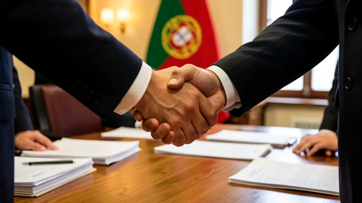 Image of two hands shaking over a desk with blurred documents, symbolizing an economic agreement between Portugal and the USA.