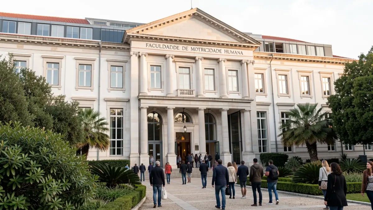 Fachada de la Faculdade de Motricidade Humana (FMH) en Oeiras, Portugal, con elementos arquitectónicos clásicos y modernos.