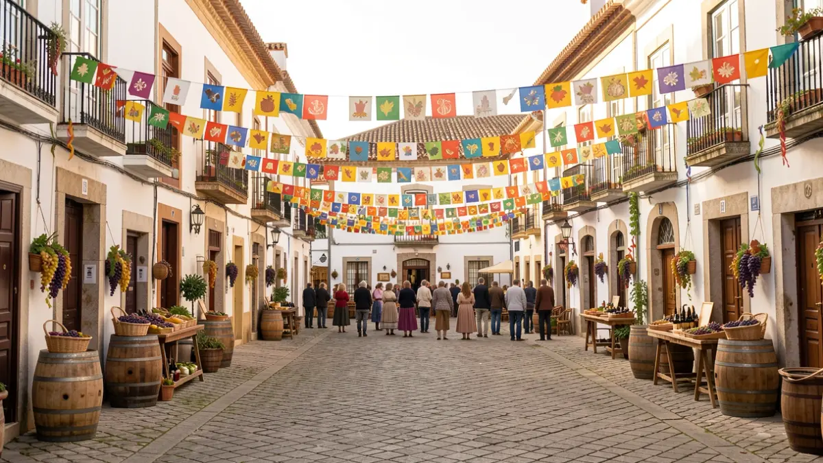 Imagem genérica de uma praça portuguesa decorada para um festival de colheita, com ambiente festivo e arquitetura local.