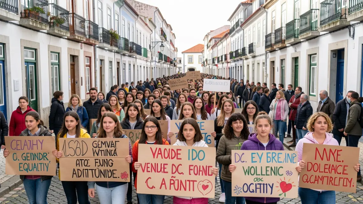 Generic image of a group of young people marching in solidarity against gender-based violence, holding handmade posters with Portuguese architecture in the background.