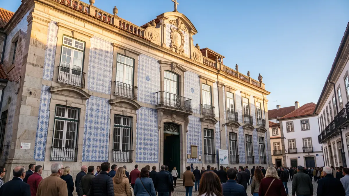 Imagem genérica da fachada de um edifício municipal português com azulejos e elementos em pedra, à luz do sol da tarde.