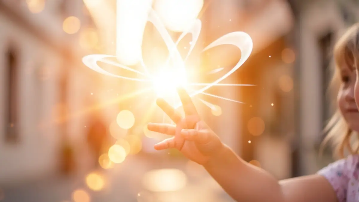 Imagem genérica de uma mão de criança a alcançar uma luz brilhante e abstrata, simbolizando potencial.