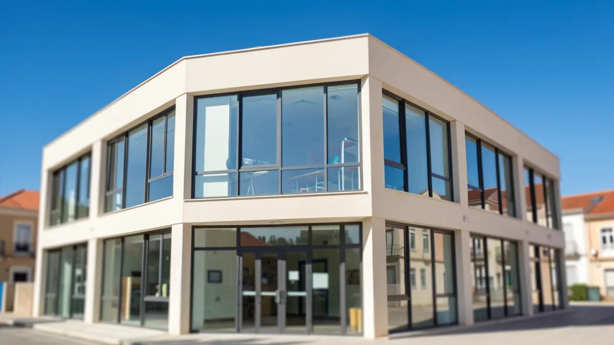 Generic image of a modern educational building facade with large windows, under a blue sky.