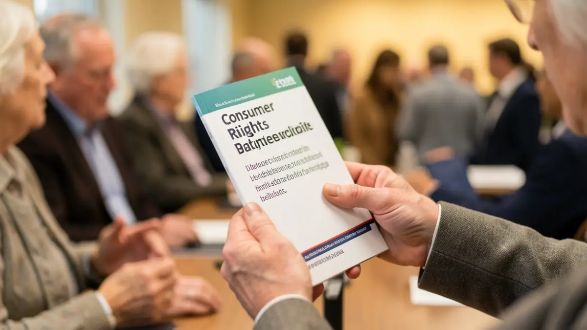 Generic image of a hand holding a consumer rights booklet, with an elderly person blurred in the background.