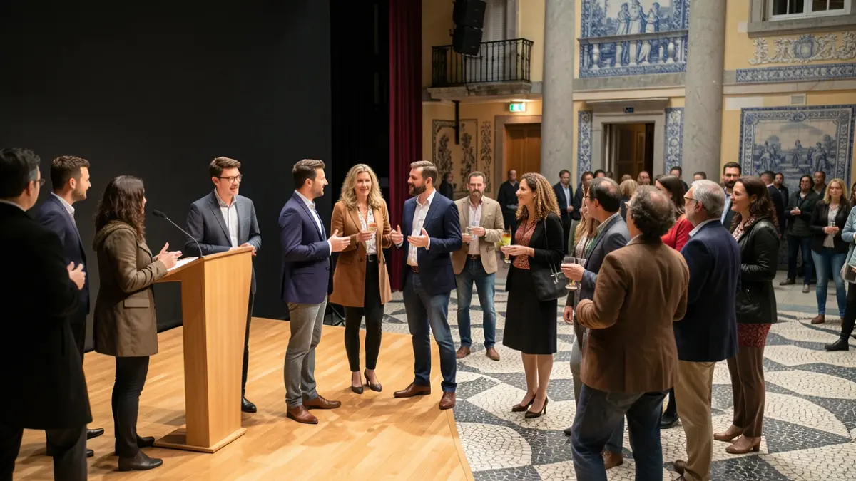 Generic image of a diverse group of cultural and artistic mediators discussing in a modern theater, with subtle Portuguese architectural elements.