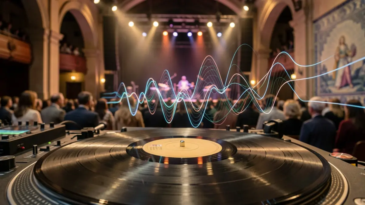 Generic image of a vinyl record with abstract sound waves emanating, on a concert stage with warm lights.