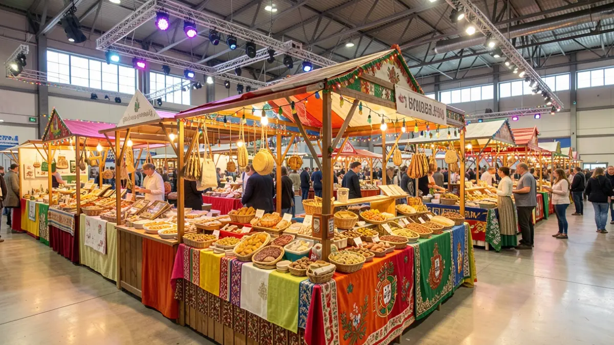 Generic image of a gastronomy fair with food stalls and regional products.