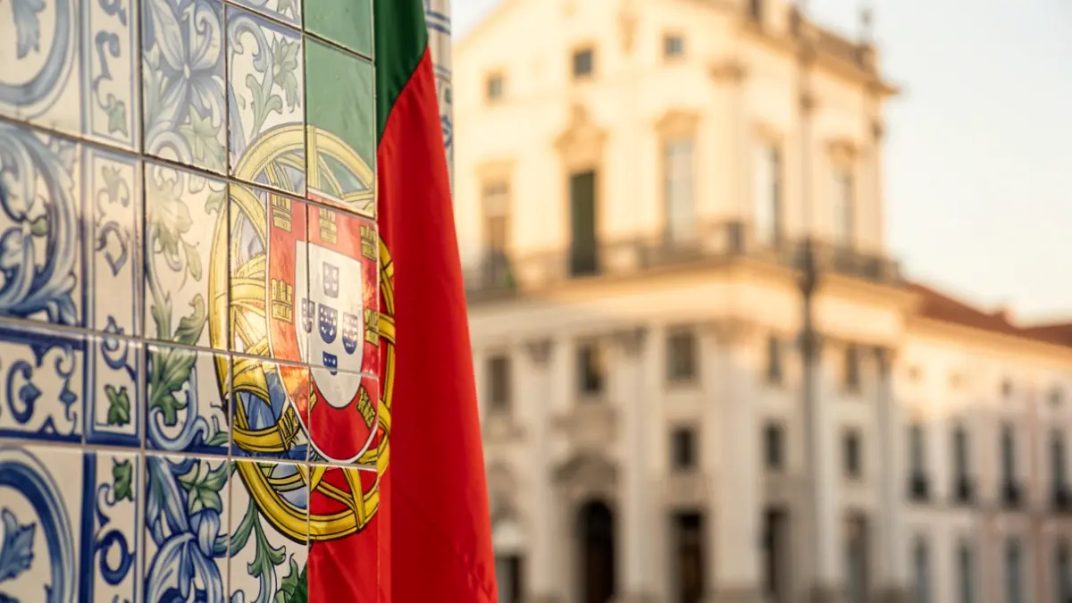 Detalhe da bandeira portuguesa com padrões de azulejo e fachada de um edifício municipal ao fundo.