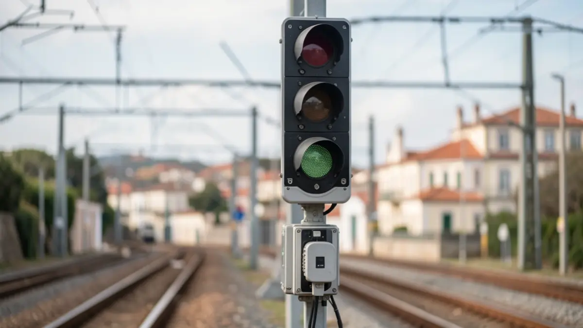 Imagem genérica de um sistema de sinalização ferroviária moderno com carris desfocados e fios elétricos.