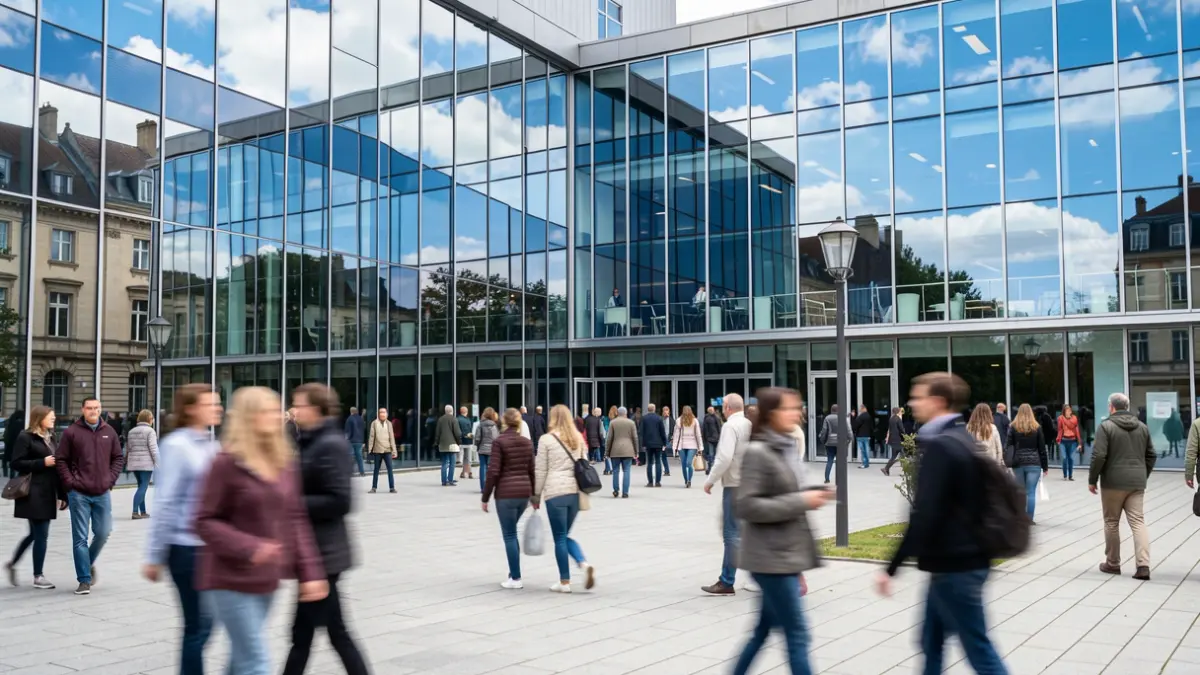 Imagem genérica de um centro cultural moderno com grandes janelas de vidro refletindo um céu azul, com pessoas desfocadas em primeiro plano a caminhar numa área pavimentada.