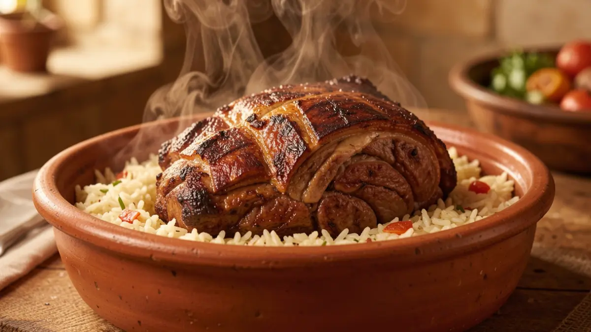Generic image of a traditional Portuguese roasted meat and rice dish.