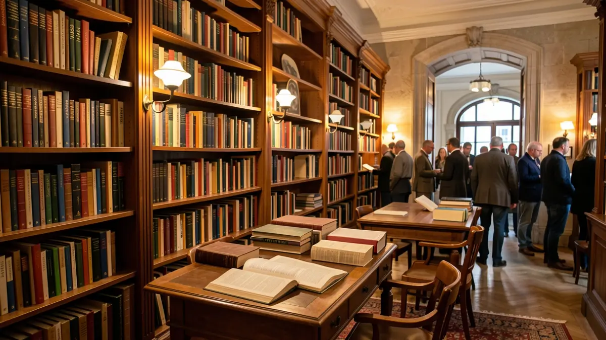 Imagem genérica de uma biblioteca com estantes de livros e uma mesa de leitura.