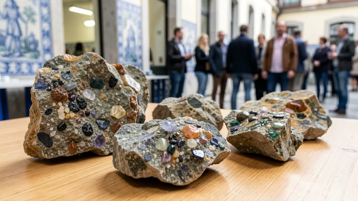 Imagem genérica de amostras de rochas minerais com inclusões, sobre uma mesa de madeira, com iluminação suave e elementos arquitetónicos portugueses subtis ao fundo.