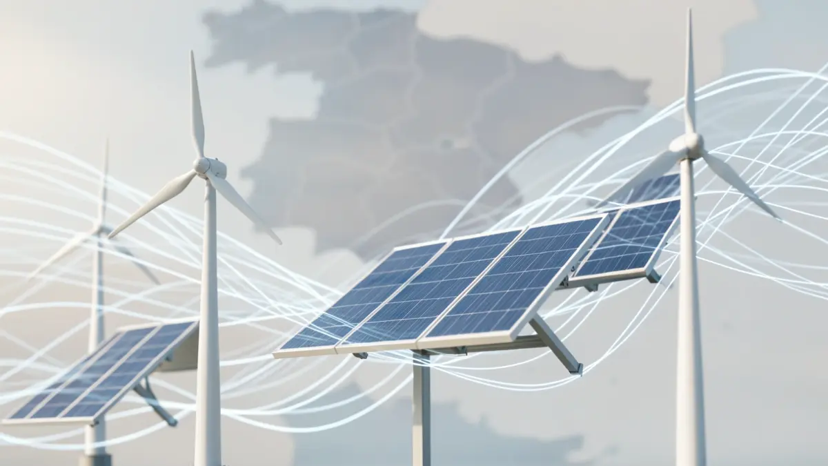 Generic image of wind turbines and solar panels integrated into power grid lines.