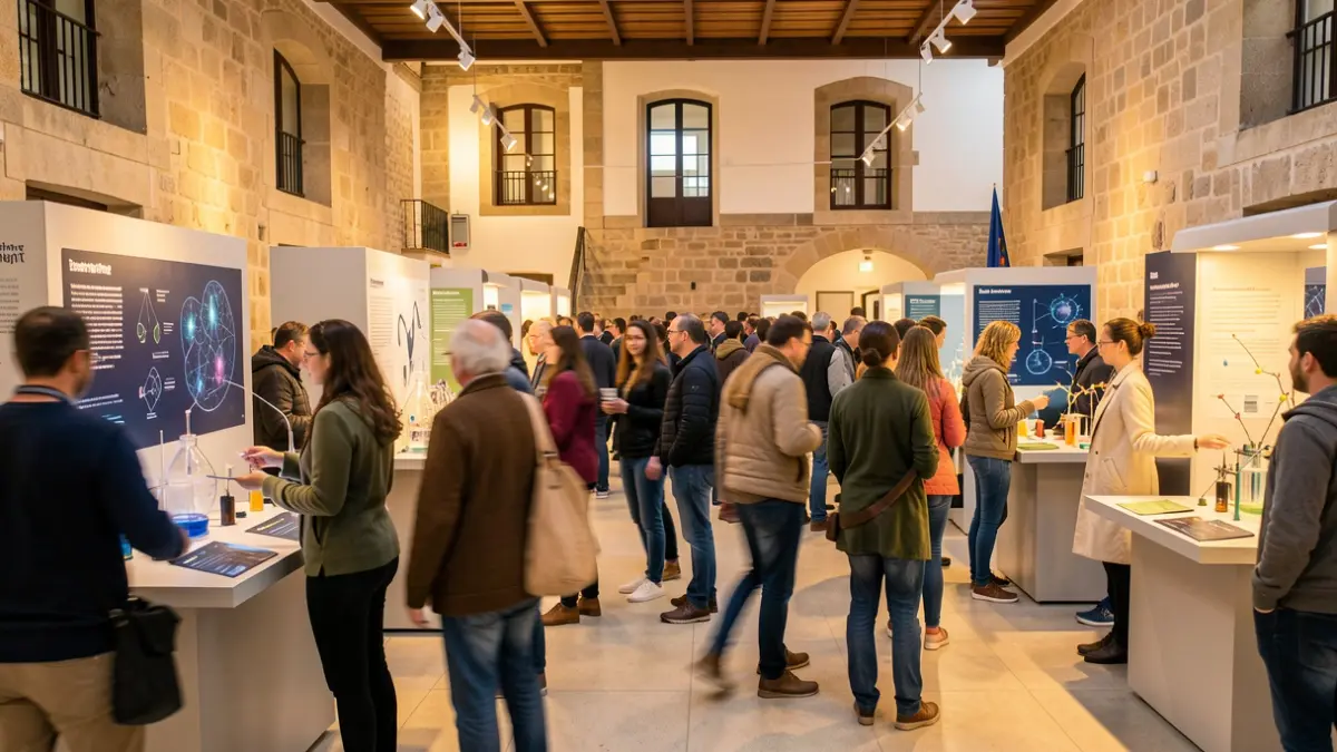 Image of a science fair in Portugal with interactive exhibits and participating public.