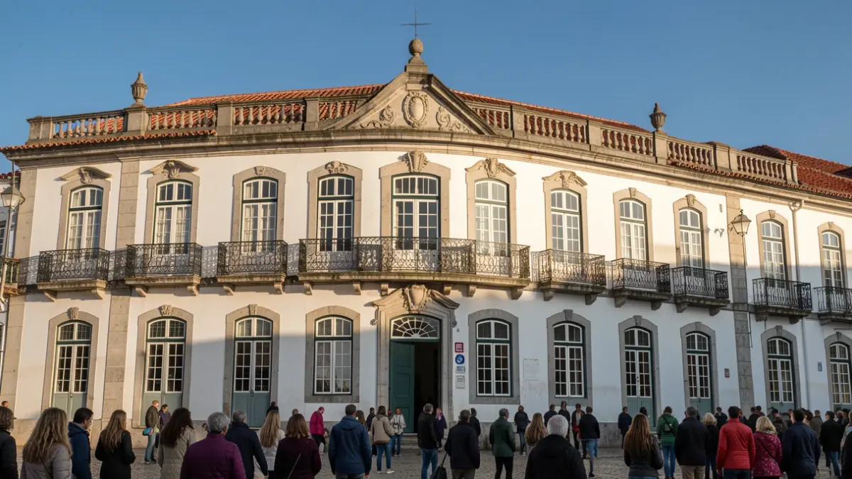 Generic image of the facade of a Portuguese municipal building with ornate balconies and a blue sky.