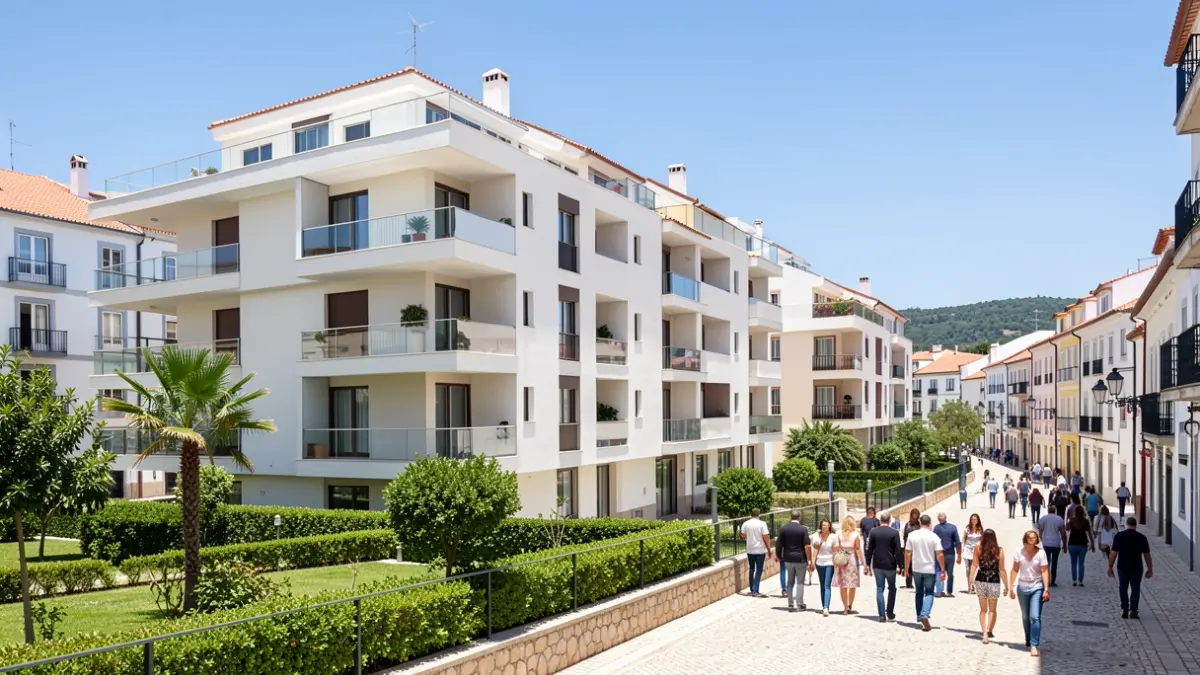 Generic image of modern apartment buildings in Portugal, with balconies and green spaces, under a blue sky.