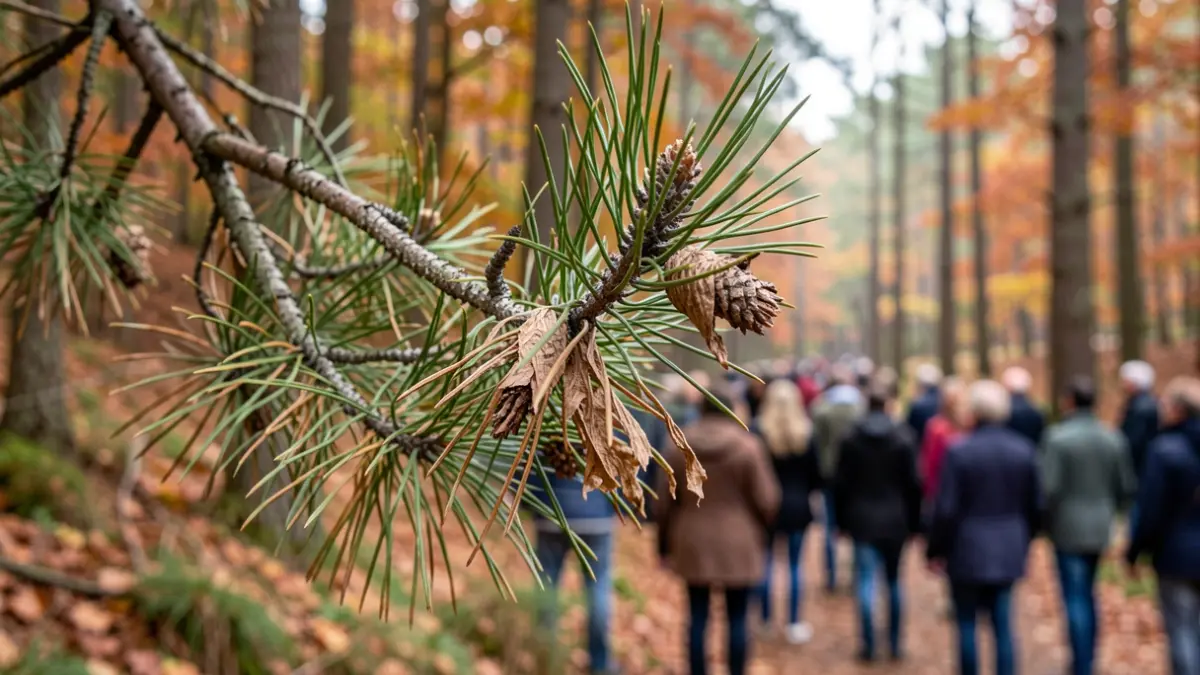 Galho de pinheiro-bravo com sinais de declínio, em floresta portuguesa.